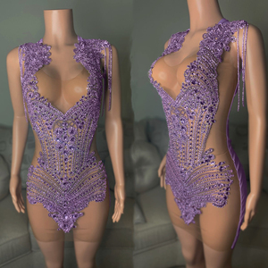 MF Drop Shipping Cadena de diamantes de imitación luz púrpura Mash cumpleaños cristal Dia ahueca hacia fuera brillante fiesta Mini vestido de Club - Product Image 1