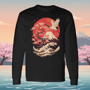 Camiseta de manga larga con diseño de ondas del Monte Fuji y flor de cerezo japonesa - Product Image 3