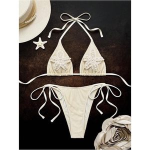 FOXA Women's 2 Piece <b>Bikini</b> Set Pearl Halter Triangle Thong High Cut Swimsuit Bathing Suit - Product Image 4