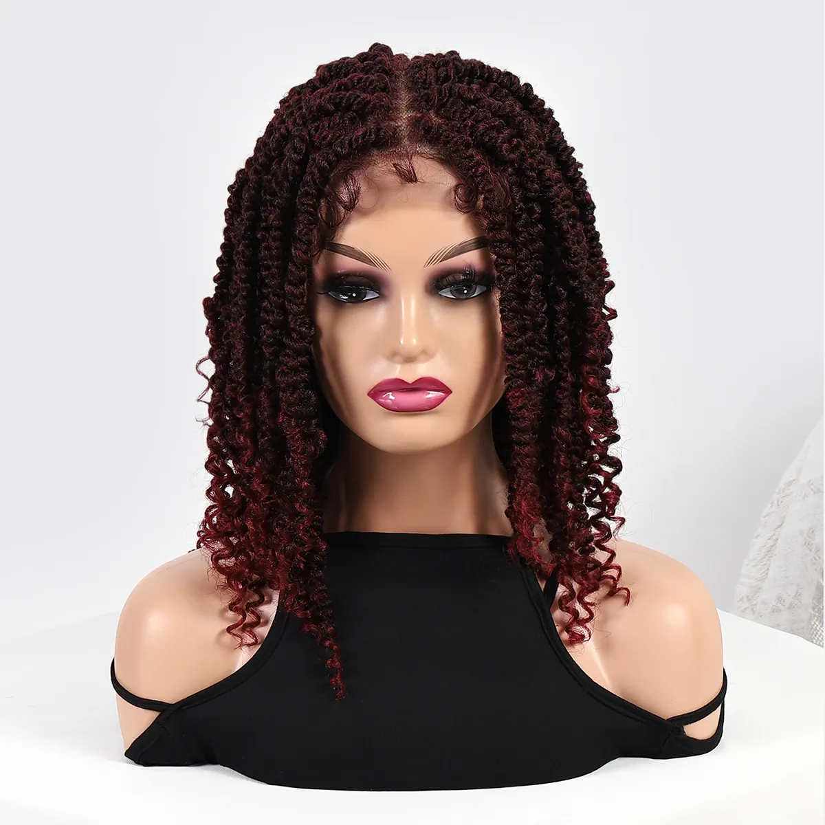 Wig renda merah anggur 16 inci Wig rambut sintetis tahan panas Wig keriting pendek untuk wanita hitam