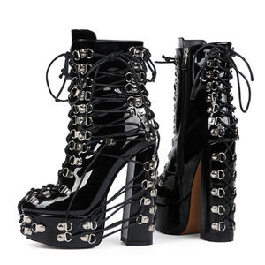 Full Metal Buckles Lace up Round Toe Short Booties Women Side Zipper Ankle <b>Boots</b> Big Size 45 Chunky Heels Thick Platform Shoes - Product Image 5