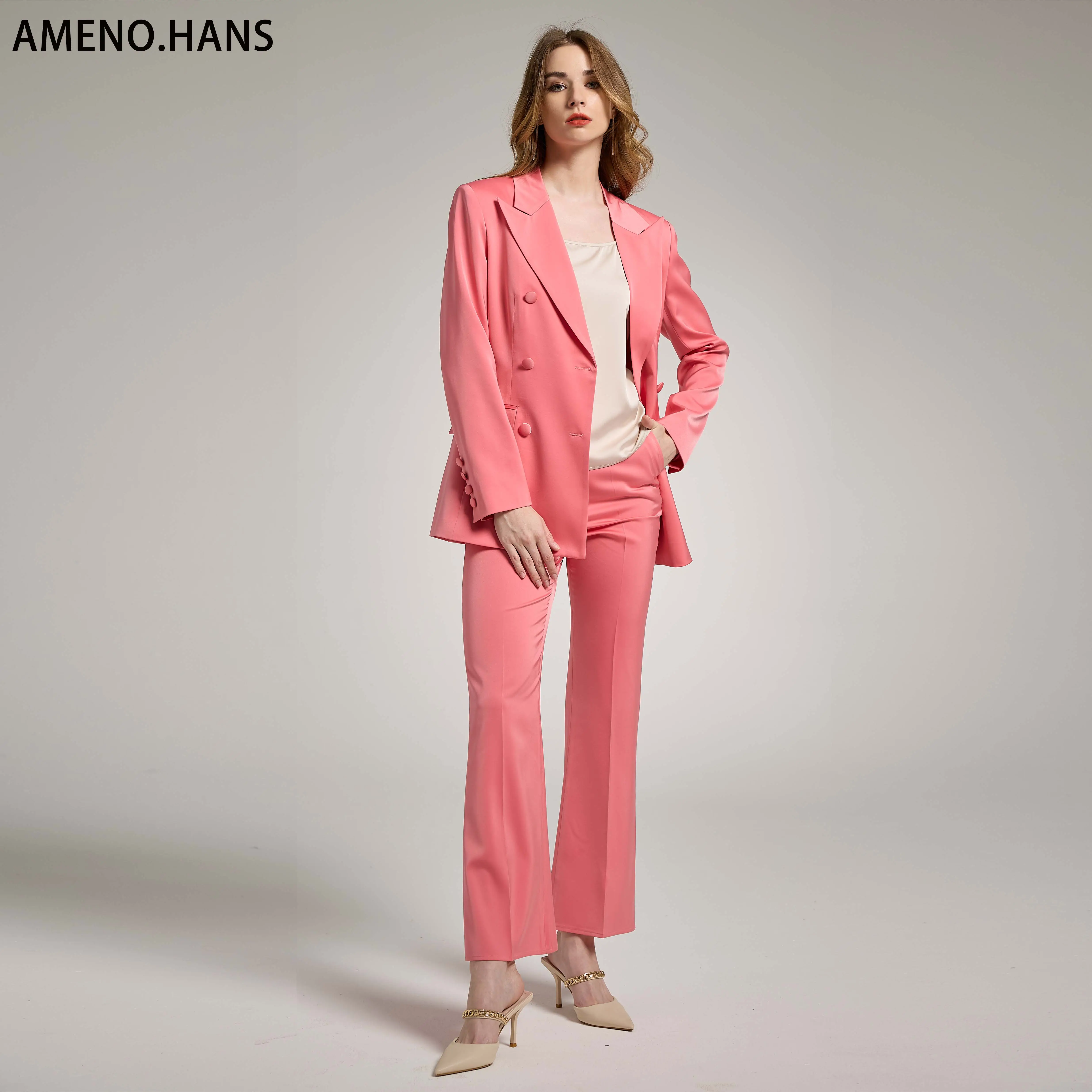 Custom Logo Fashion Elegant Satin Office Formal Suit Two-piece Blazer And Pants Set For Women