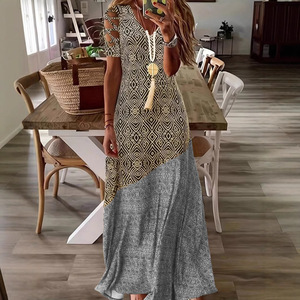 Dropshipping Shopify Robe midi à manches courtes à imprimé géométrique pour femmes grandes tailles, col en V, décontractée, été - Product Image 2