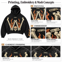 Hoodie court personnalisé délavé à l'acide avec motif crâne et flamme en strass, coupe oversize pour les marques de streetwear