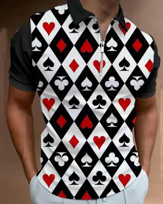 2022 Summer Men's New Lapel Zipper Black And White Mosaic Color Plaid Printing Casual Short Sleeve Ska Style Polo Shirt