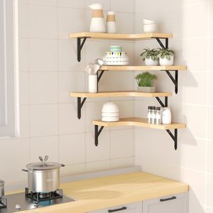 Wooden <b>Corner</b> <b>Floating</b> <b>Shelf</b> Wall Mounted Storage Rack Natural Wood Color Durable Home Kitchen Display Organizer - Product Image 1
