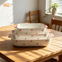 Ensemble de 3 plats à pâtisserie en céramique empilables avec poignées, motif floral rose mignon, vaisselle de table domestique, personnalisation possible