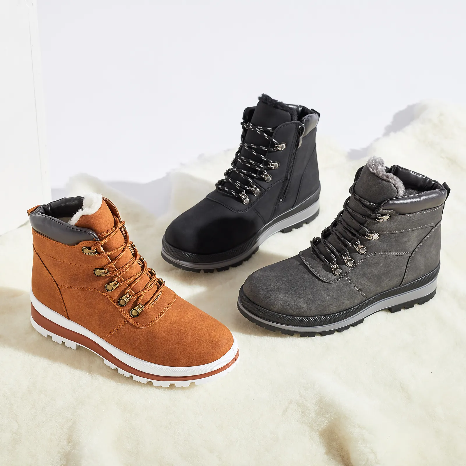 Wholesale Waterproof Velvet Classic Winter Outdoor Warm Ankle Hiking Boots Faux Fur Lining Lace Up Anti-Slip Hiking Boots