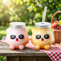 Botella de 500 ml con diseño de oso panda para envasar pan, con tapa y pajita desechable, de plástico PET, impresa, para fiestas y festivales