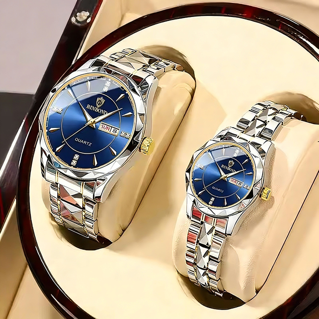 BINBOND Couple's Watch Waterproof Luminous Week Date Wristwatch Leisure 42mm/28mm Men's Women's Business Quartz Watches (WA092)