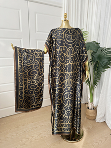 Chic Bohemian Silky <strong>Kaftan</strong> Robe with Gold Floral Embroidery &amp; Matching Scarf - Product Image 2