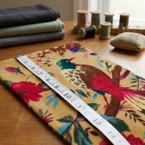 Tissu en velours de coton de luxe : imprimé oiseaux, beige pêche, 45 pouces de large, tissu en velours de coton imprimé à la main, motif floral - Product Image 1