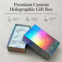 Boîte cadeau télescope holographique personnalisée, arc-en-ciel irisé chromé, deux pièces, déballage, ligne art technologique blanche, emballage électronique