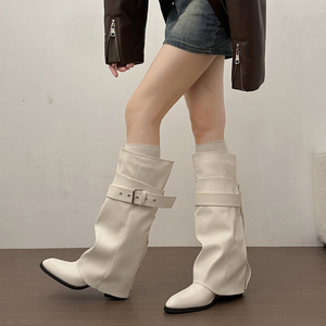 Sepatu Bot Wanita Ujung Runcing Setinggi Lutut dengan Wedge Tersembunyi, Gesper Ganda, Model Lipat, Bahan Kulit Suede, Gaya Western, 3 Warna. - Product Image 4