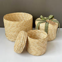 Panier de rangement rond en rotin naturel tissé avec couvercle, boîte cadeau de décoration intérieure tissée à la main