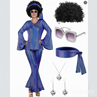 Costume disco des années 70 pour femmes, ensemble pantalon pattes d'éléphant métallisé scintillant avec perruque afro, lunettes, tenue rétro pour fête d'Halloween