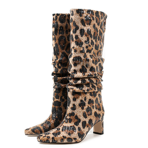 Women's Piled Pleated Upper Knee High Boots Chunky High Heels Leopard Print <b>Shoes</b> Big Size 45 Bling Glitter Long Booties - Product Image 5