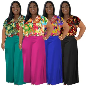 new women plus size 2 piece set clothing up to 5xl floral print short sleeved top pants sets for women two pieces