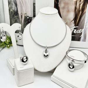 Moda 18K chapado en oro forma de gota de agua collar pendiente pulsera anillo conjunto de joyería de acero inoxidable para mujer - Product Image 6