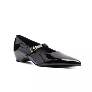 Sandales à talons compensés bas pour femmes, à bride moyenne, en cuir verni, talons carrés classiques, à boucle, escarpins à bout pointu - Product Image 5