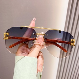 Rimless Shield <b>Sunglasses</b> <b>Gradient</b> Lenses Wood Grain Arms UV400 Protection Unisex Adult Retro Style - Product Image 1