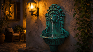 Fontaine murale vintage en forme de tête de lion artificielle avec bec verseur décoratif, bassin décoratif et panneau en relief pour la décoration extérieure de jardin et de patio - Product Image 2