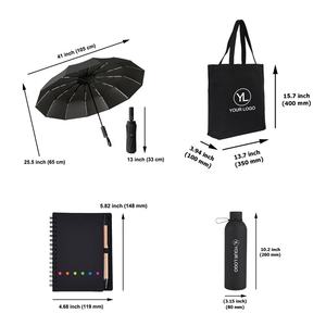 Ensemble cadeau d'entreprise personnalisé avec logo noir comprenant un sac fourre-tout en toile, une bouteille d'eau, un carnet et un parapluie pour le bienvenue - Product Image 2