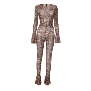 Viviblook J25JP097 verano Mujer Bodycon verano ver a través de estampado de leopardo malla impresa manga acampanada mono de una pieza - Product Image 6