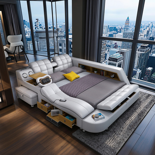Superior Bedroom Living Room Hotel Multifunctional Soft Bed Furniture Leather Bed Speaker USB Charger Massage Sofa Bed