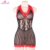 Mini-robe chemise en maille ajourée noire et rouge avec coutures, style crochet, pour femmes matures, grande taille, en résille noire, vente en gros