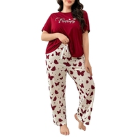 Piyama Wanita Ukuran Besar Kerah Bulat Lengan Pendek Celana Panjang Baju Tidur Bermotif Set Piyama 2 Potong Lembut dan Longgar
