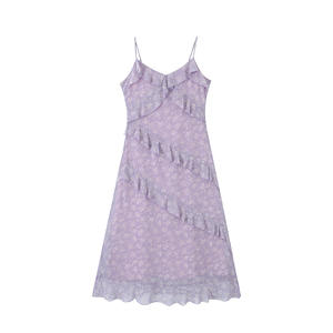 Vestido Runqi N8705 Morado con Estampado Floral, Cuello en V con Volantes, Corte en A, Talla Grande para Mujer, Vestido de Cóctel con Cintura Imperio - Product Image 5