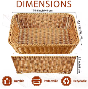 Cesta de Almacenamiento Caliente Ecológica Moderna Rectangular de Plástico Trenzado Tipo <span class=keywords><strong>Mimbre</strong></span> para Frutas, Aperitivos, Verduras, Juguetes, Toallas, Uso en el Hogar y Hoteles - Product Image 3