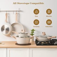 Ensemble de casseroles et poêles multifonctionnelles antiadhésives 8 pièces, poignées en silicone, design granit blanc, compatible induction, passe au lave-vaisselle