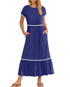 2025 nuevo diseño femenino suave suelto ajuste fluido escalonado manga corta vestido largo verano encaje ajuste cuello redondo vestido con bolsillos laterales. - Product Image 6