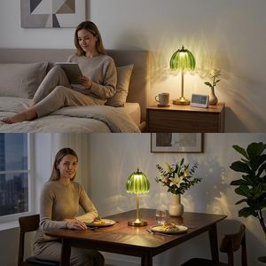 High CRI Ra95 LED Desk Lamp Rechargeable <b>Touch</b> Dimmable Iron Body Flower Shape Glass Shade Creamy Style Table Lamp - Product Image 2