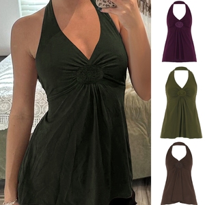 Débardeur vintage uni taille haute amincissant élastique sans manches respirant tricoté écologique boutonné pour femme - Product Image 1