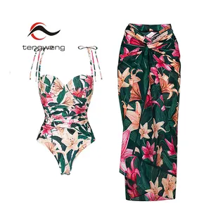 TW Full coverage bottom bathing suit AGUA women swimsuit cover ups allover print swimwear