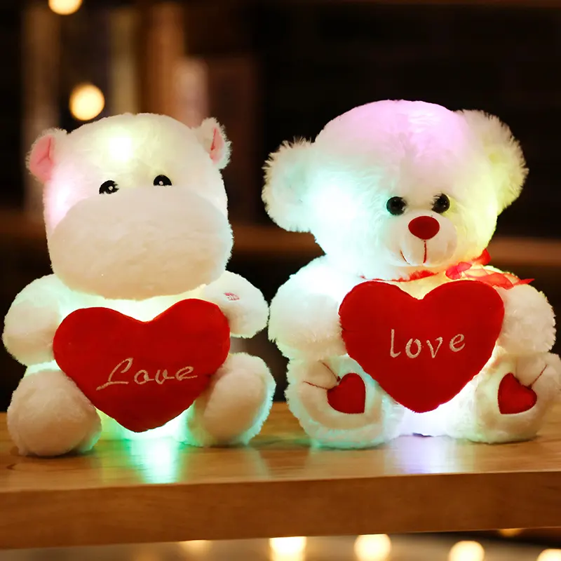 LED doldurulmuş hayvan çocuk oyuncak yastık su aygırı LED ışık up peluş oyuncak parlayan Teddy oyuncak ayı ile kalp