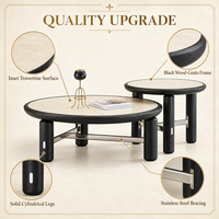 Ensemble de tables basses rondes Stretcher Brace avec dessus en os, bords noirs et pieds courts pour salons lumineux et appartements compacts