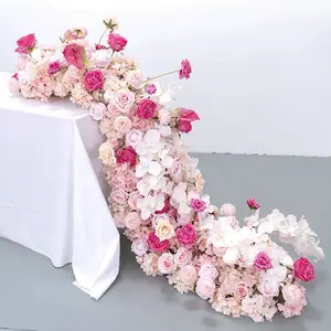 Vente en gros chemin de table de mariage fleur chemin de table en soie de haute qualité fleurs artificielles rangée pour mariage
