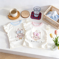 Kaos Anak Perempuan 3D Motif Pita Kelinci Lengan Mengembang 100% Katun Atasan Lengan Pendek Musim Panas untuk Balita Pakaian Bayi Grosir