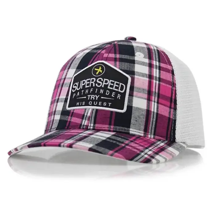 Custom Embroidered Patch 6 Panel Mid Profile Structured Pink Red Plaid Trucker Hat Cap
