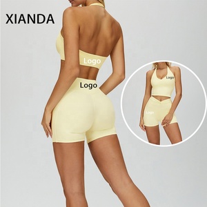 XIANDA OEM Crop top <span class=keywords><strong>de</strong></span> sport sans dos surdimensionné personnalisé avec logo vierge pour femmes, short <span class=keywords><strong>de</strong></span> compression en forme <span class=keywords><strong>de</strong></span> V, <span class=keywords><strong>tenue</strong></span> <span class=keywords><strong>de</strong></span> sport pour la <span class=keywords><strong>course</strong></span> à pied, le yoga - Product Image 1