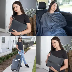 Promosi desain kustom selimut lempar bulu domba lembut nyaman portabel dengan Set tas kantong dalam kantong untuk bantal perjalanan kantor atau mobil