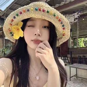 Hyuna Style Colorful Beaded <b>Straw</b> <b>Hat</b> For Women Summer Wide Brim Foldable Sun Protection Y2K Fashion <b>Hat</b> - Product Image 1