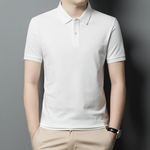 เสื้อโปโลแขนสั้นสีดำสำหรับผู้ชาย ผ้าคอตตอนเจอร์ซีย์สีพื้น สวมใส่สบาย ระบายอากาศดี ดีไซน์กระดุม ทรงปกติ ผ้าถัก - Product Image 3