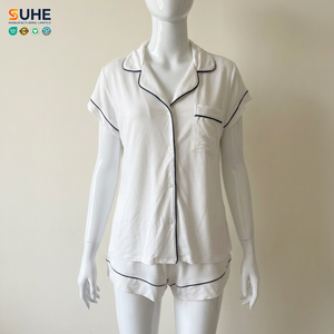 SUHE Womens Solid Spring Summer Elegant Short Sleeve Rayon Knitted <b>Pajama</b> <b>Set</b> Drawstring Piping Trim Pocket Sleepwear Shorts - Product Image 5