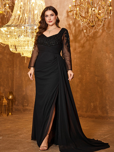 Nuovi Arrivi: Abito da Sera Lungo Nero <span class=keywords><strong>con</strong></span> Paillettes a Forma di Diamante, Pannello in Rete Ricamato, Maniche Lunghe, Scollo a Cuore e <span class=keywords><strong>Spacco</strong></span> Alto - Product Image 3