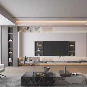 Meuble TV mural sur mesure en bois, design moderne, écologique, grand, pour salon, chambre à coucher, hôtel, gris - Product Image 1